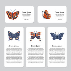 Hand drawn set of cards with butterflies and moths. Colorful collection
