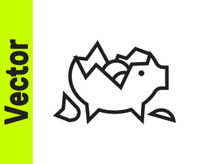 Black line Broken piggy bank icon isolated on white background. Icon saving or accumulation of money, investment. Vector.