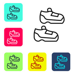 Black line Fitness sneakers shoes for training, running icon isolated on white background. Sport shoes. Set icons in color square buttons. Vector.