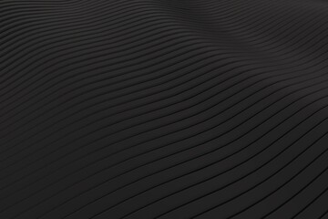 3D rendering closeup abstract black silver smoked metallic stripe slicing wavy background. Minimalism illustration concept. Graphic design wallpaper and backdrop