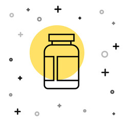 Black line Sports nutrition bodybuilding proteine power drink and food icon isolated on white background. Random dynamic shapes. Vector.