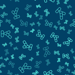 Obraz premium Green line Vitamin complex of pill capsule icon isolated seamless pattern on blue background. Healthy lifestyle. Vector.