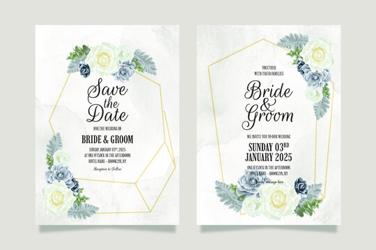 floral wedding invitation template set with dusty watercolor roses leaves decoration card design concept
