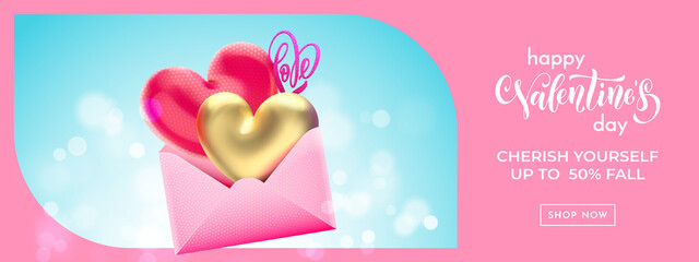 Valentine's day sale banner background with valentine envelope. Vector Valentines gold heart balloon on pink bokeh background. Web site banner or greeting card