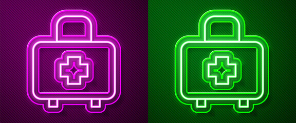 Obraz premium Glowing neon line First aid kit icon isolated on purple and green background. Medical box with cross. Medical equipment for emergency. Healthcare concept. Vector.