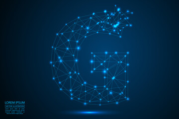 The destruction of the abstract font of English letters consists 3d of triangles, lines, dots and connections. On a dark blue background cosmic universe stars, meteorites, galaxies. Vector eps 10.