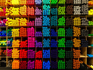 Assortment of colored pencils and markers in the store