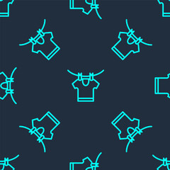 Green line Drying clothes icon isolated seamless pattern on blue background. Clean shirt. Wash clothes on a rope with clothespins. Clothing care and tidiness. Vector.