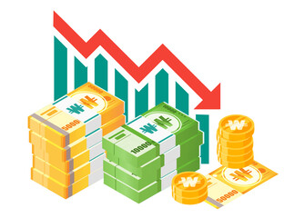 Naklejka premium South Korean Won Exchange Rate Stock Market Value Price Decrease Down Vector Icon Logo Design. South Korea Currency, Finance and Economy Element. Can be used for Digital and Printable Infographic.
