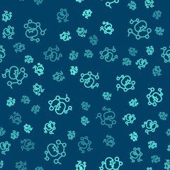 Green line Genetically modified food icon isolated seamless pattern on blue background. GMO fruit. Vector.