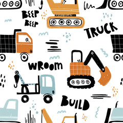 Vector hand-drawn seamless repeating children simple pattern with cars in Scandinavian style on a white background.Kids seamless pattern with building equipment. Funny construction transport