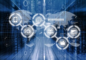 Working data center server room with media illustrations