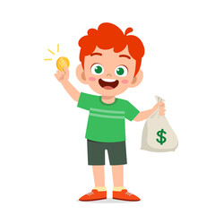 cute little kid boy carry bag of cash and coin