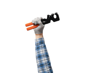 hand holds a construction tool - Metal profile connector