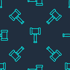 Green line Judge gavel icon isolated seamless pattern on blue background. Gavel for adjudication of sentences and bills, court, justice. Auction hammer. Vector.