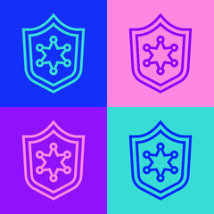 Pop art line Police badge icon isolated on color background. Sheriff badge sign. Vector.