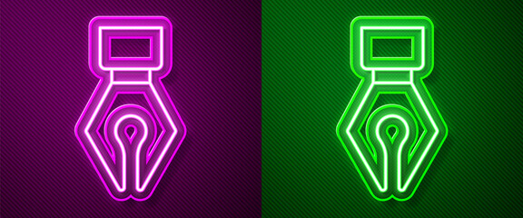 Glowing neon line Fountain pen nib icon isolated on purple and green background. Pen tool sign. Vector.