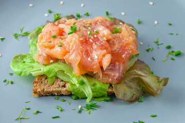 Open sandwich with red fish salmon and salad