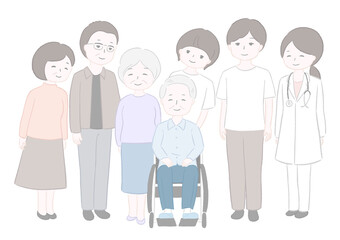 高齢者と家族、介護を支えるヘルパーとドクター