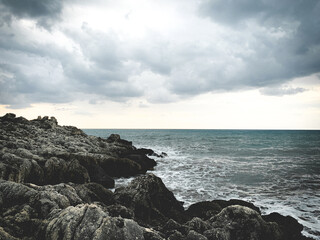 Stormy seascape background, rainy clouds
