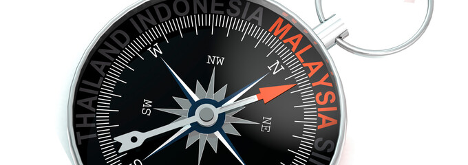 Compass needle pointing to word Malaysia
