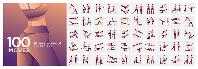 Fototapeta Women Workout Set. Women doing fitness and yoga exercises. Lunges, Pushups, Squats, Dumbbell rows, Burpees, Side planks, Situ ps, Glute bridge, Leg Raise, Russian Twist, Side Crunch .etc obraz