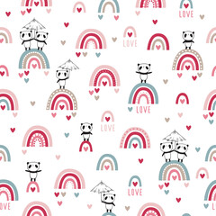 Seamless pattern with hand drawn cute pandas, rainbows and hearts. Background for Valentine's Day, wedding, gift wrap, textile, fabric manufacturing, wallpaper, covers, surface, print, scrapbooking.