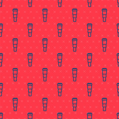 Blue line Spyglass telescope lens icon isolated seamless pattern on red background. Sailor spyglass. Vector.