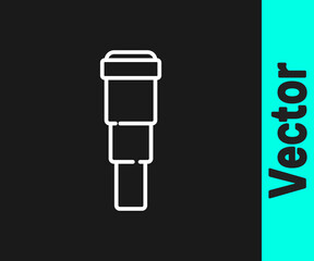 White line Spyglass telescope lens icon isolated on black background. Sailor spyglass. Vector.