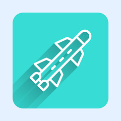 White line Rocket icon isolated with long shadow. Green square button. Vector.