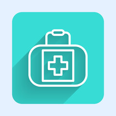 Obraz premium White line First aid kit icon isolated with long shadow. Medical box with cross. Medical equipment for emergency. Healthcare concept. Green square button. Vector.