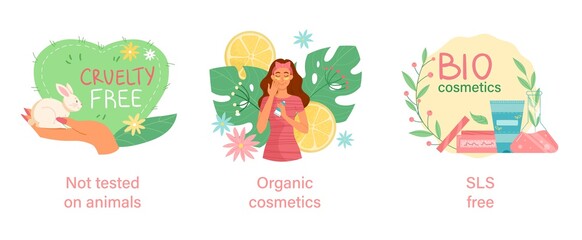 Organic cosmetic concept. Set of flat cartoon modern vector illustrations isolated on white background