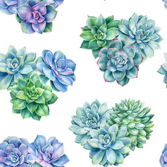 Succulents seamless pattern, watercolor illustration, greeting card