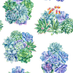 Succulents seamless pattern, watercolor illustration, digital paper