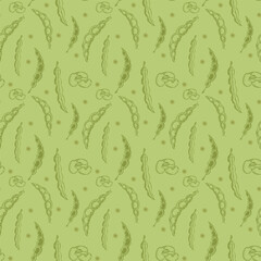 Pattern of bean pods, beans and peas pattern green background, botanical drawing