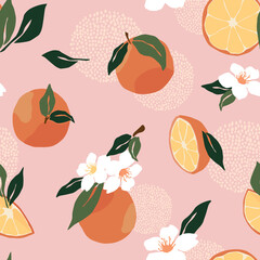 Tropical seamless pattern with oranges, flower, palm, dots on pink background. Simple trendy fruit repeated background. Vector exotic design
