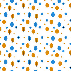 Yellow and blue trees and polka dots, seamless children's background