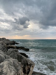 Fototapeta na wymiar Stormy seascape background, rainy clouds