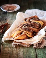 Cinnamon twisted loaf bread or babka on a dark wooden background, still life, rustic style