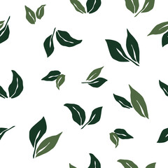 Green leaf seamless pattern on white background. Leaves, vegan repeated background in flat style. Vector nature design