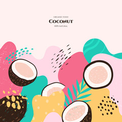 Vector frame with doodle coconut and abstract elements. Hand drawn illustrations.