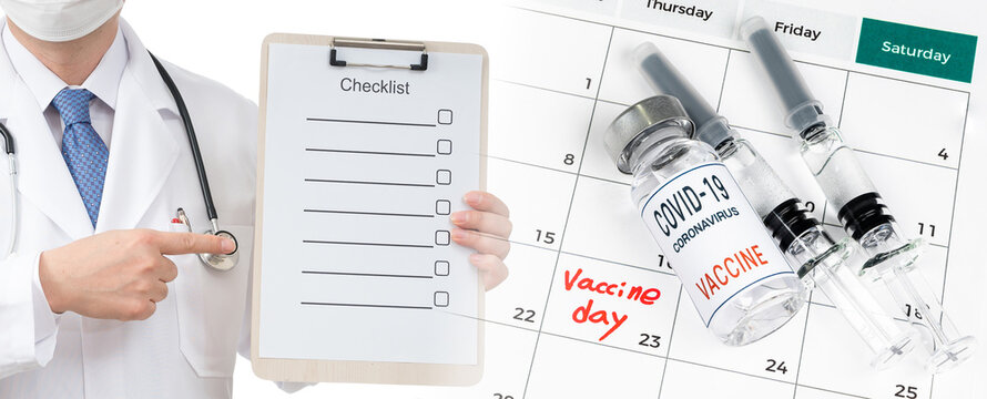 A calendar with the date of the vaccination with the doctor holding the checklist.