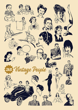 Vintage people set contains 35 people diverse in age, roles, profession, men and women.