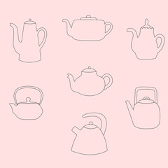 Teapot silouette collection. Contour drawing