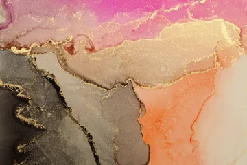 Foto op Plexiglas Art Abstract painting blots horizontal background. Alcohol ink black, pink and gold colors. Marble texture. © Liliia