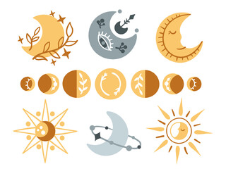 Celestial lunar boho clipart set, isolated Moon phases, sun and stars on white background, kids mystical space baby illustration, decorative vector design elements