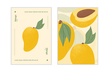 Ripe mango with leaves card template. Sweet mango fruits vector hand drawn poster design.