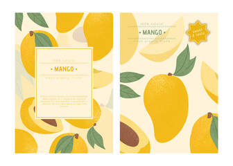 Ripe mango with leaves card template. Sweet mango fruits vector hand drawn poster design.