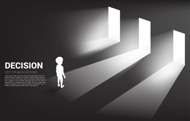 Silhouette of boy standing in front of 3 door with light. Concept of education solution and decision of future.