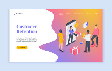 Customer retention activities for smartphone app isometric vector banner